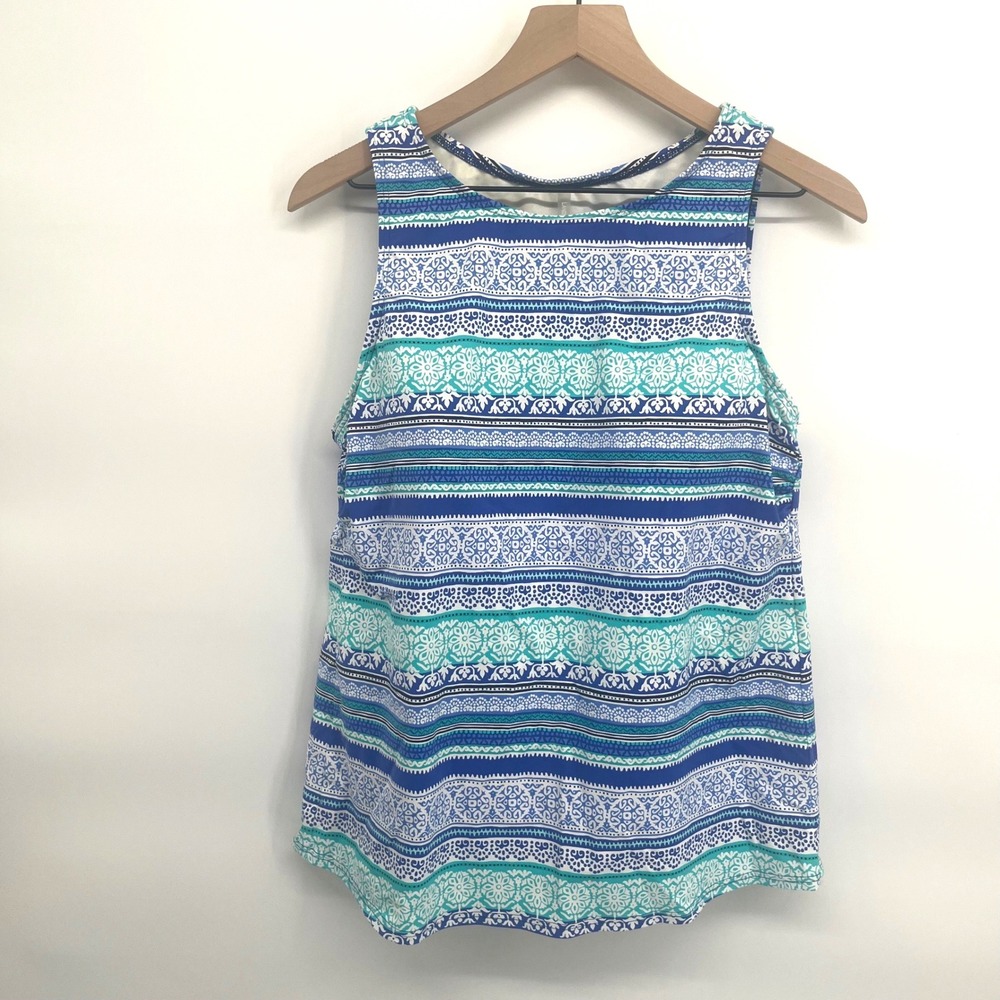 Lands' End Tankini Swim Top Womens 16 Blue Geometric Stripe High Neck Athletic